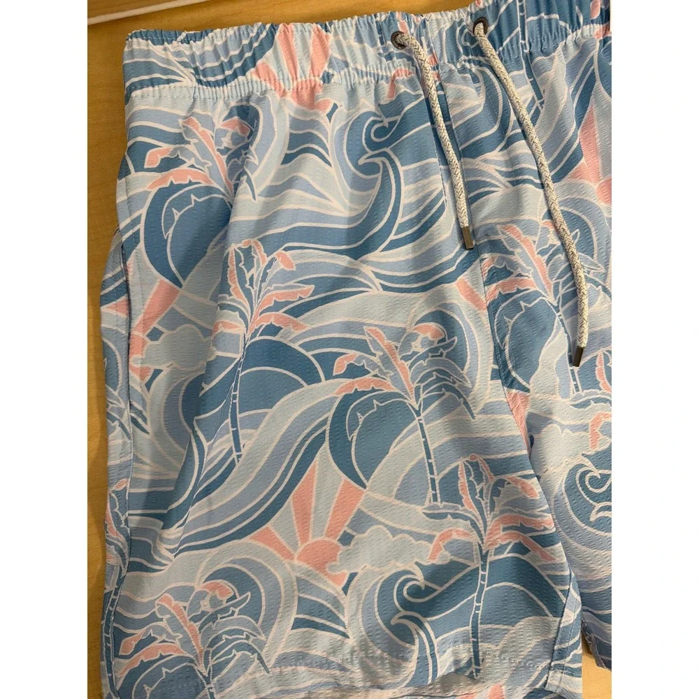 Vintage Summer Mens Blue Pink Tropical Wave Print Swim Trunks XXL 17 Inch Length